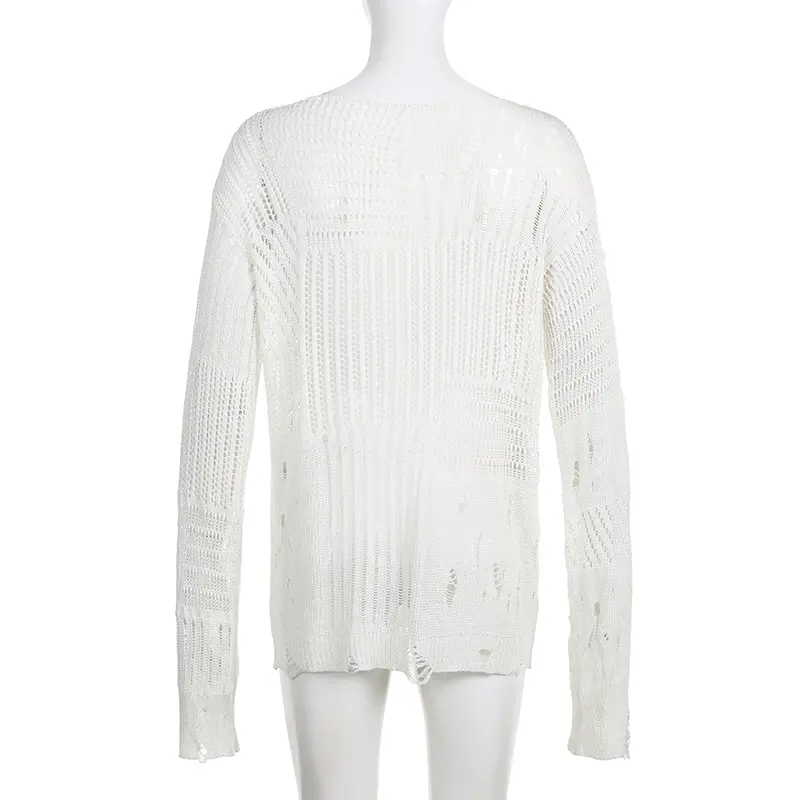Rockmore Grunge Fairycore Women's Ripped Hollow Out Sweater Street Solid Long Sleeve Crew Neck Knitwear Fall Round Neck Pullover