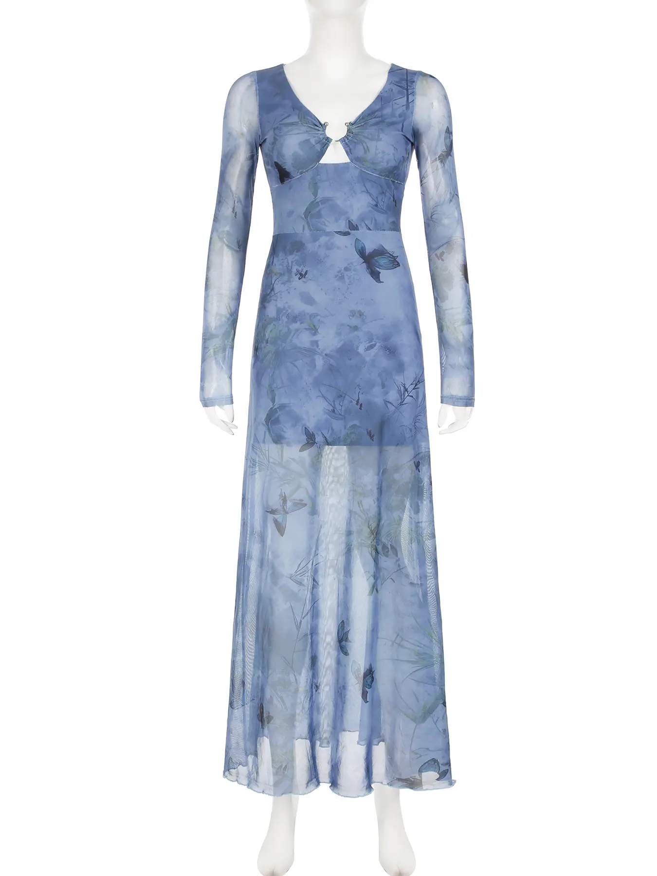 Rockmore Elegant Floral Butterfly Print Dress Sexy See Through Mesh Blue Korean Fashion Vintage Chic Long Sleeve Dresses Women