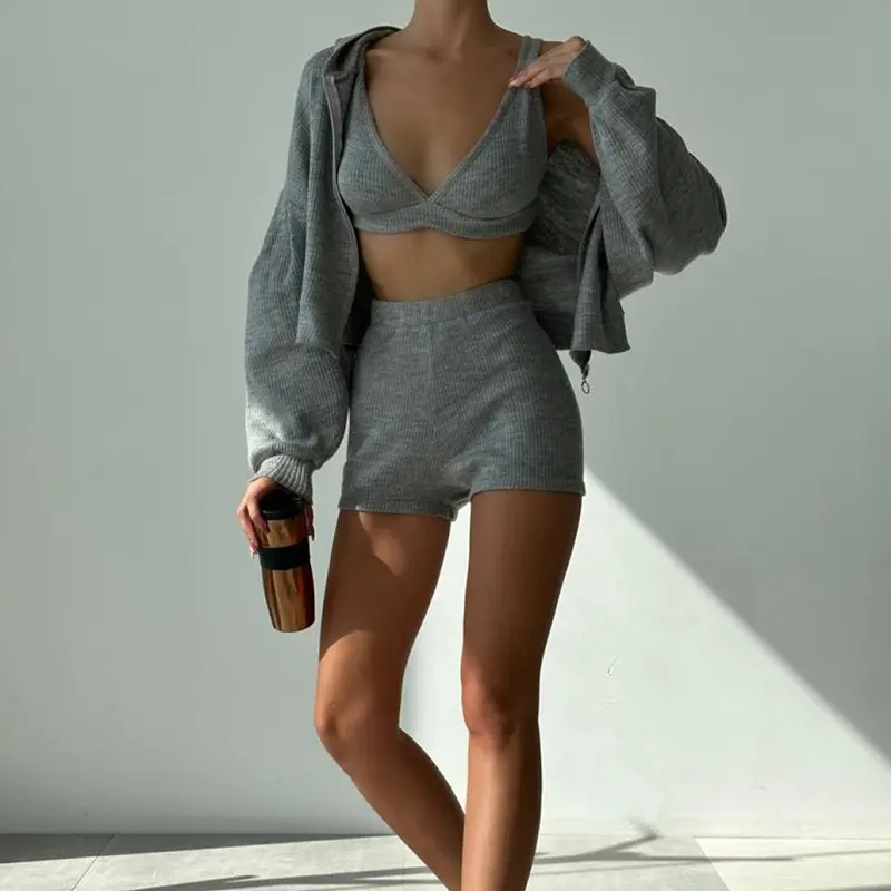 Rockmore 3 Piece Set Crop Vest Hoodie Tracksuit Women Casual Sweatshirt Coat and Mini Short Matching Set Sportswear 3 PCS Outfit