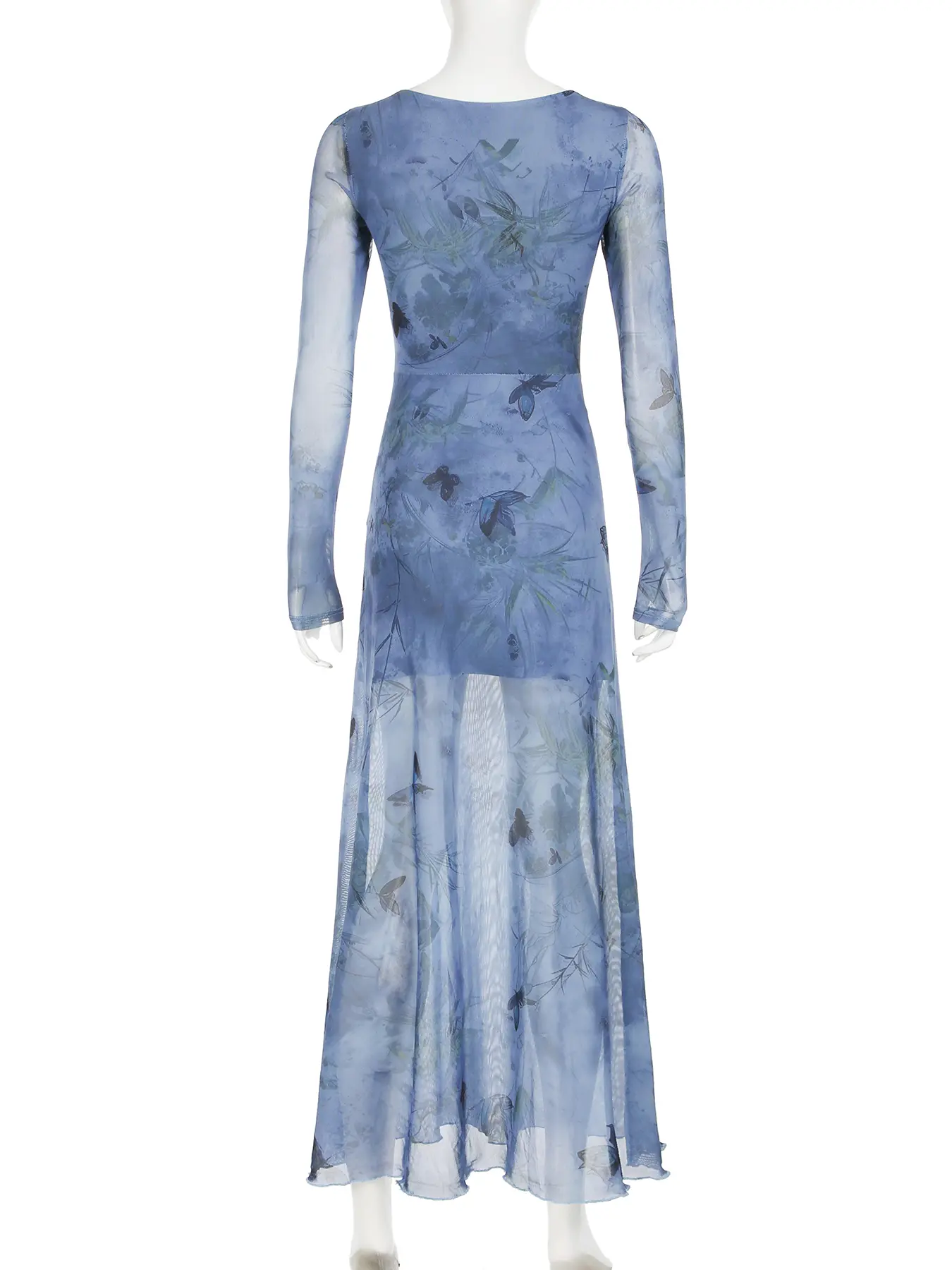 Rockmore Elegant Floral Butterfly Print Dress Sexy See Through Mesh Blue Korean Fashion Vintage Chic Long Sleeve Dresses Women