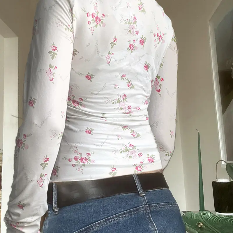 Rockmore Floral Ruffle Long Sleeve Tees Sexy French Retro Mori Square Neck T-shirts Casual Slim All Match Top for Women Coquette