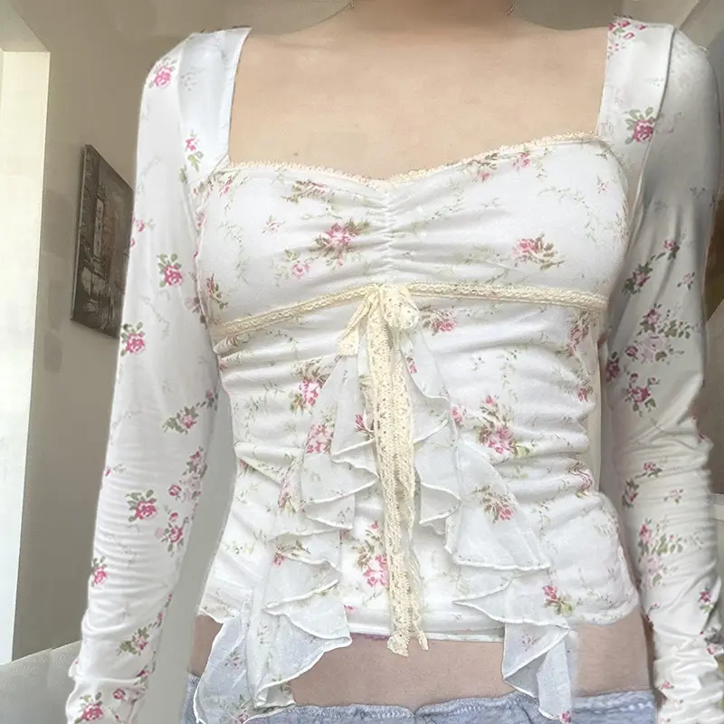 Rockmore Floral Ruffle Long Sleeve Tees Sexy French Retro Mori Square Neck T-shirts Casual Slim All Match Top for Women Coquette