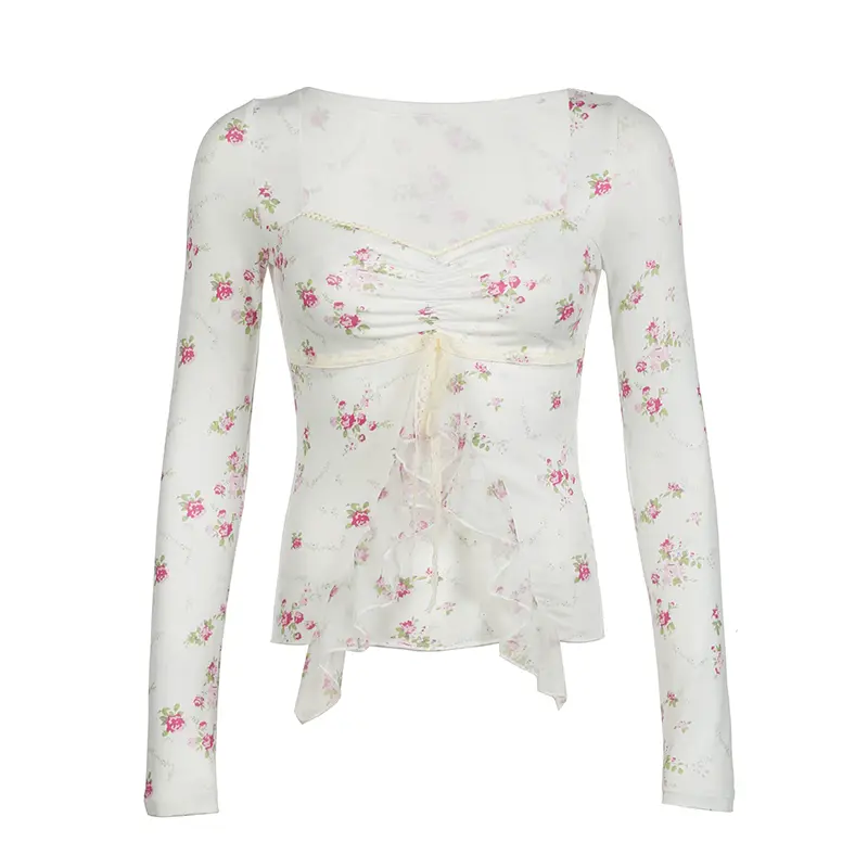 Rockmore Floral Ruffle Long Sleeve Tees Sexy French Retro Mori Square Neck T-shirts Casual Slim All Match Top for Women Coquette