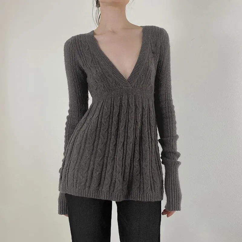 Rockmore Cable Knit Sweater Women Soft V-Neck Pullover Tunic Solid A-Line Hem Long Sweater Stretchy Casual for Autumn Winter