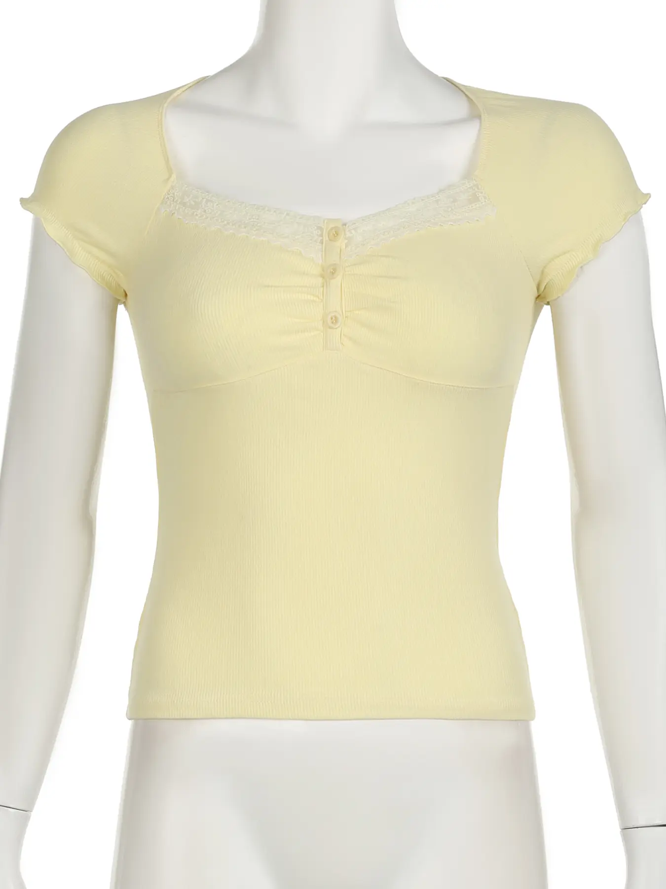 Rockmore Y2K Korean Fashion Yellow Folds Lace Trim Women Knit T-shirt Buttons Cutecore Crop Top Basic Frills Tee Solid Basic Top