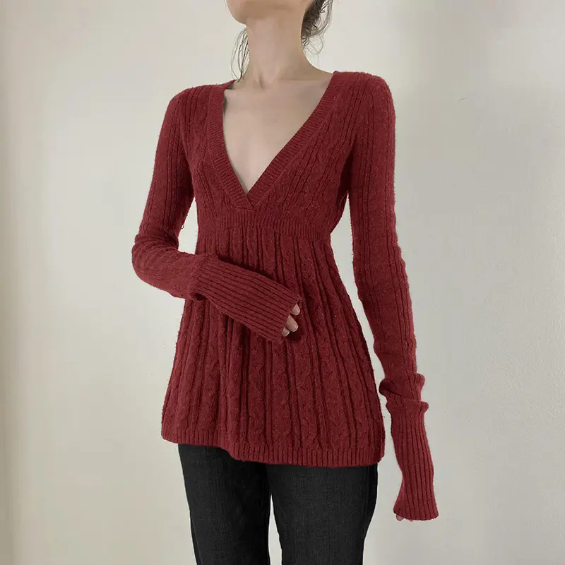 Rockmore Cable Knit Sweater Women Soft V-Neck Pullover Tunic Solid A-Line Hem Long Sweater Stretchy Casual for Autumn Winter