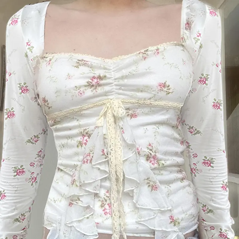 Rockmore Floral Ruffle Long Sleeve Tees Sexy French Retro Mori Square Neck T-shirts Casual Slim All Match Top for Women Coquette