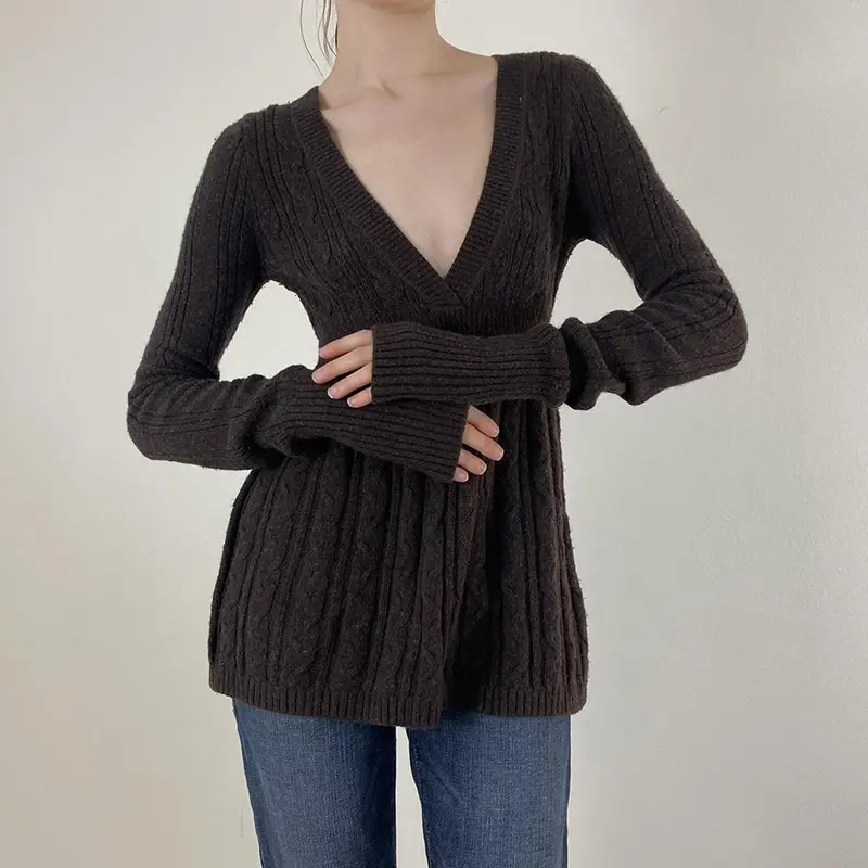 Rockmore Cable Knit Sweater Women Soft V-Neck Pullover Tunic Solid A-Line Hem Long Sweater Stretchy Casual for Autumn Winter