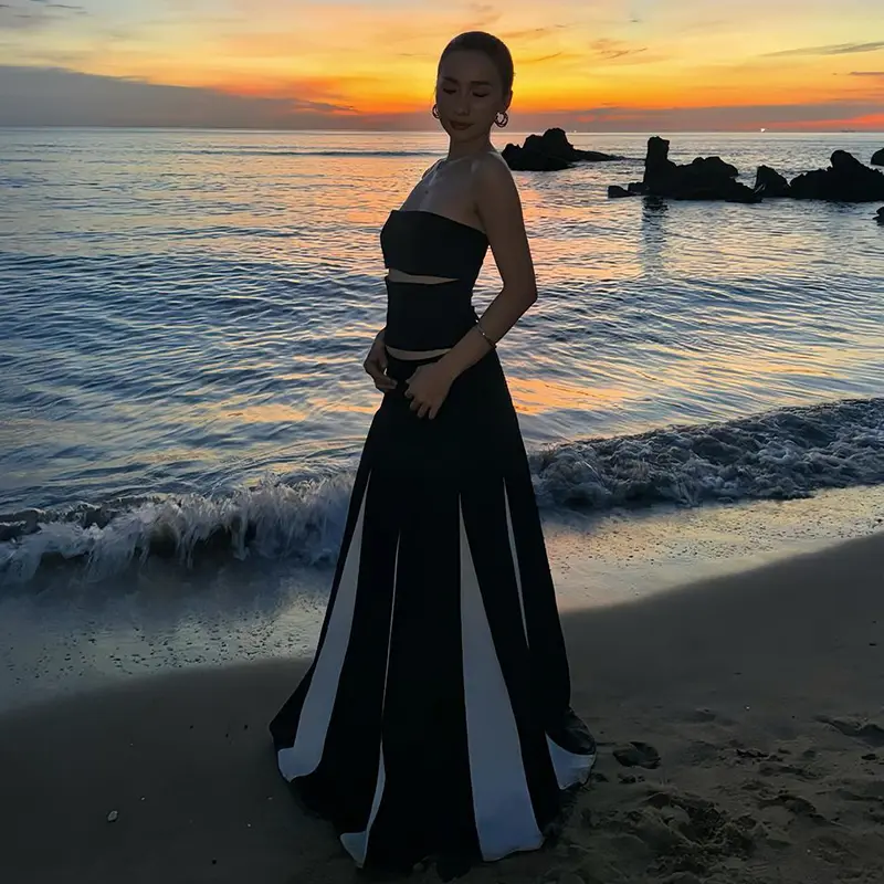 Rockmore Black White Contrast A-line Long Skirt Women Elegant Parachute Skirt Fashion Street Party High Waist Loose Maxi Skirts