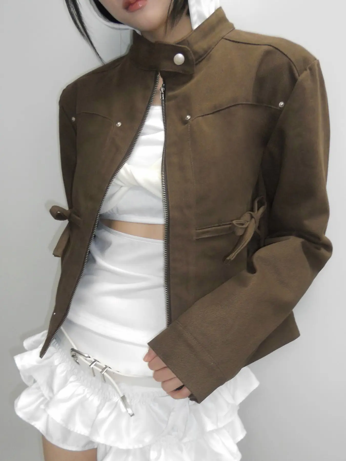 Rockmore Chic Zip Up Patchwork Bow Jacket Women Streetwear Autumn Turtleneck Collar Long Sleeve Coats 90s Vintage Clothes Gothic