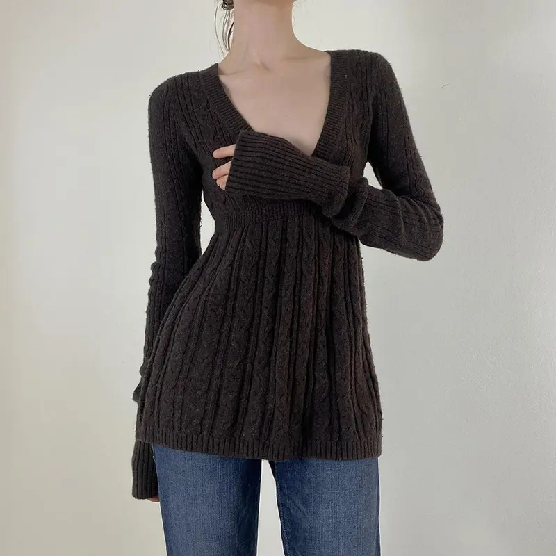 Rockmore Cable Knit Sweater Women Soft V-Neck Pullover Tunic Solid A-Line Hem Long Sweater Stretchy Casual for Autumn Winter