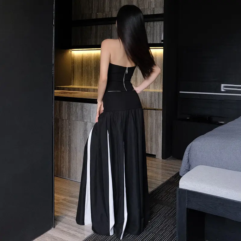 Rockmore Black White Contrast A-line Long Skirt Women Elegant Parachute Skirt Fashion Street Party High Waist Loose Maxi Skirts