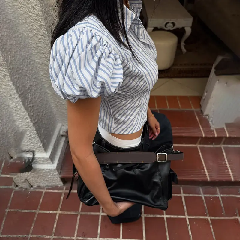 Rockmoer Striped Puff Sleeves Blouse Women French Style Slim Button-up Shirts Elegant Fashion Turn Down Collar Casual Crop Tops