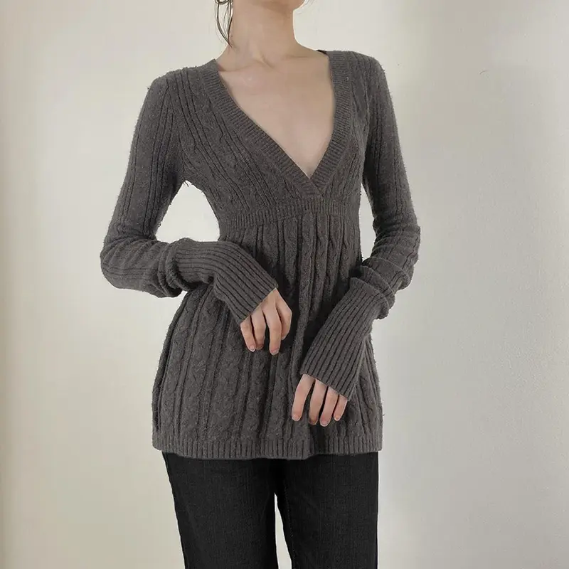 Rockmore Cable Knit Sweater Women Soft V-Neck Pullover Tunic Solid A-Line Hem Long Sweater Stretchy Casual for Autumn Winter