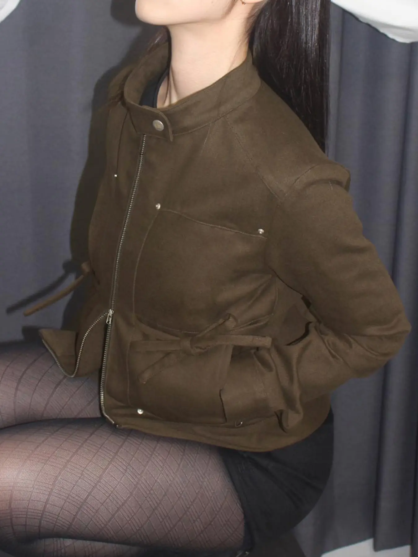 Rockmore Chic Zip Up Patchwork Bow Jacket Women Streetwear Autumn Turtleneck Collar Long Sleeve Coats 90s Vintage Clothes Gothic