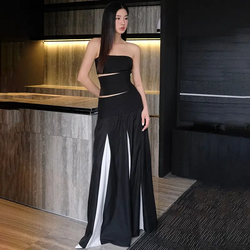 Rockmore Black White Contrast A-line Long Skirt Women Elegant Parachute Skirt Fashion Street Party High Waist Loose Maxi Skirts