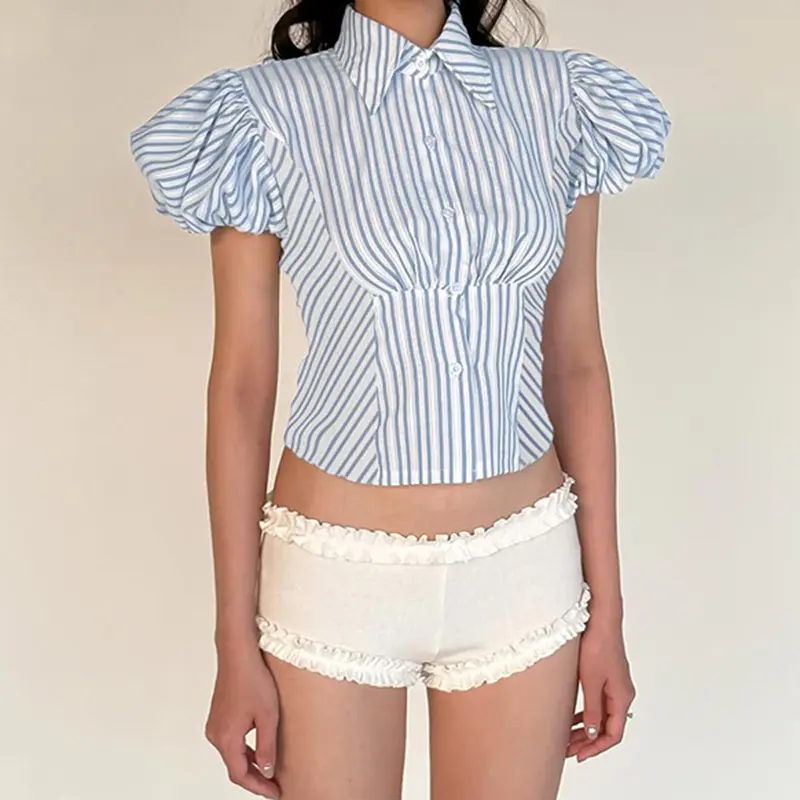 Rockmoer Striped Puff Sleeves Blouse Women French Style Slim Button-up Shirts Elegant Fashion Turn Down Collar Casual Crop Tops