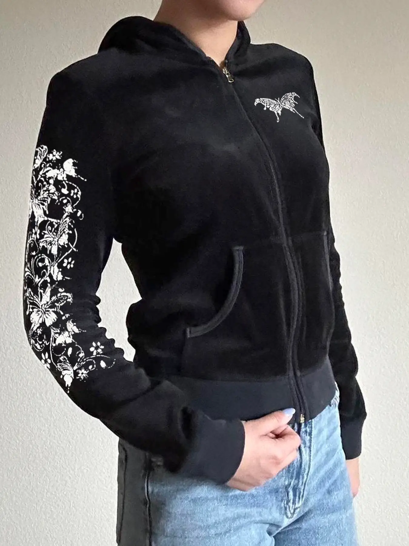 Rockmore Velvet Butterfly Print Hooded Jacket Women'S Sweatshirts Vintage Pockets Zip Up Hoodies Y2K Aesthetic Casual Slim Tops