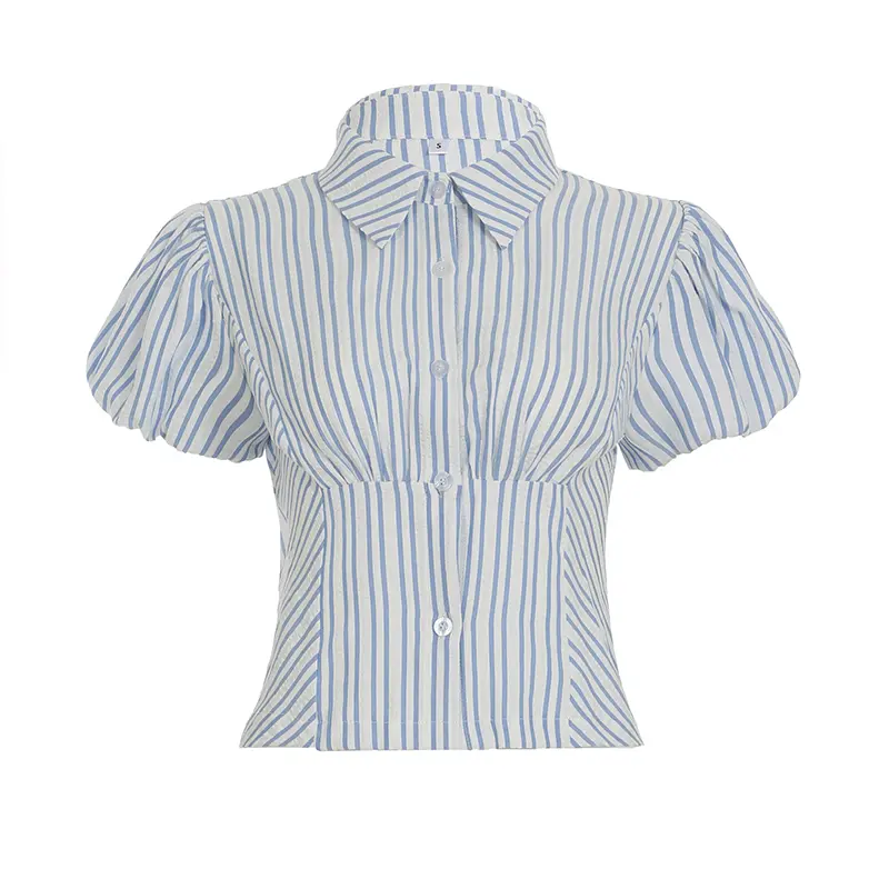 Rockmoer Striped Puff Sleeves Blouse Women French Style Slim Button-up Shirts Elegant Fashion Turn Down Collar Casual Crop Tops