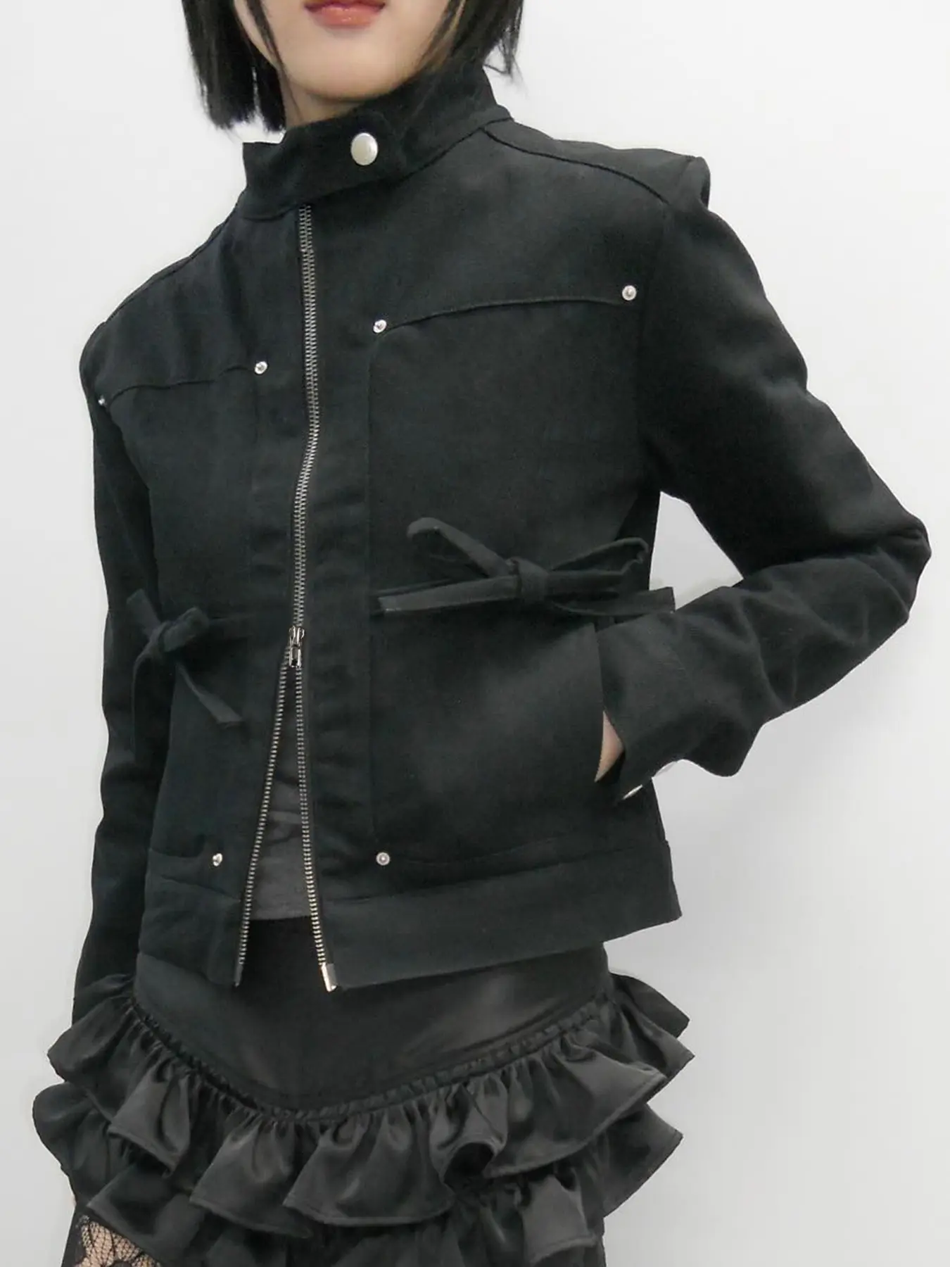 Rockmore Chic Zip Up Patchwork Bow Jacket Women Streetwear Autumn Turtleneck Collar Long Sleeve Coats 90s Vintage Clothes Gothic