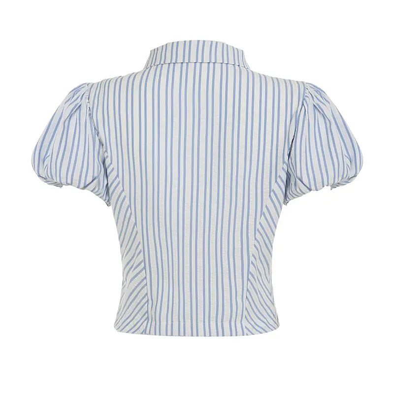 Rockmoer Striped Puff Sleeves Blouse Women French Style Slim Button-up Shirts Elegant Fashion Turn Down Collar Casual Crop Tops