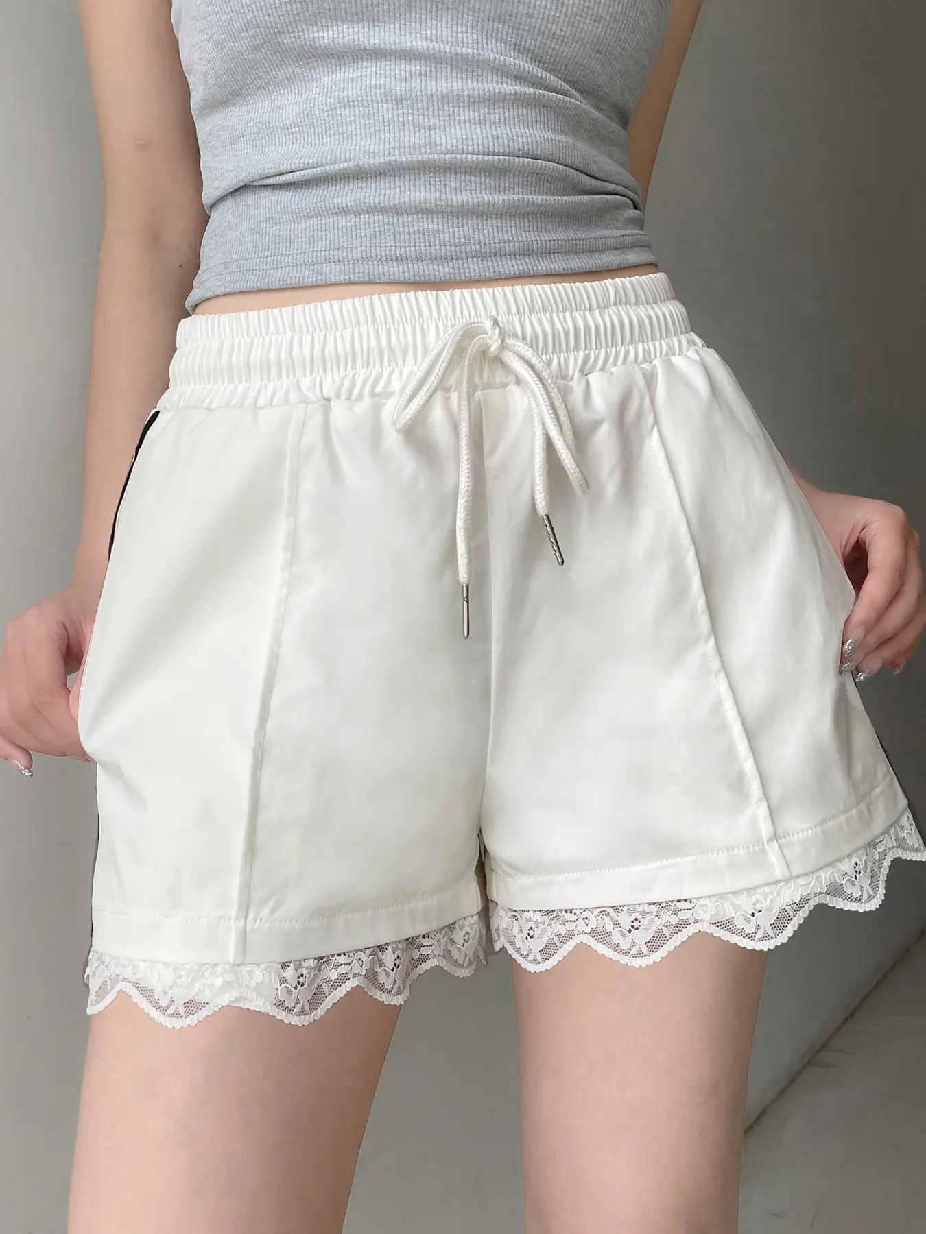 Rockmore Y2k Streetwear Drawstring Side Striped Lace Shorts Korean Patchwork Loose-fit Casual Shorts For Women All-match Bottoms