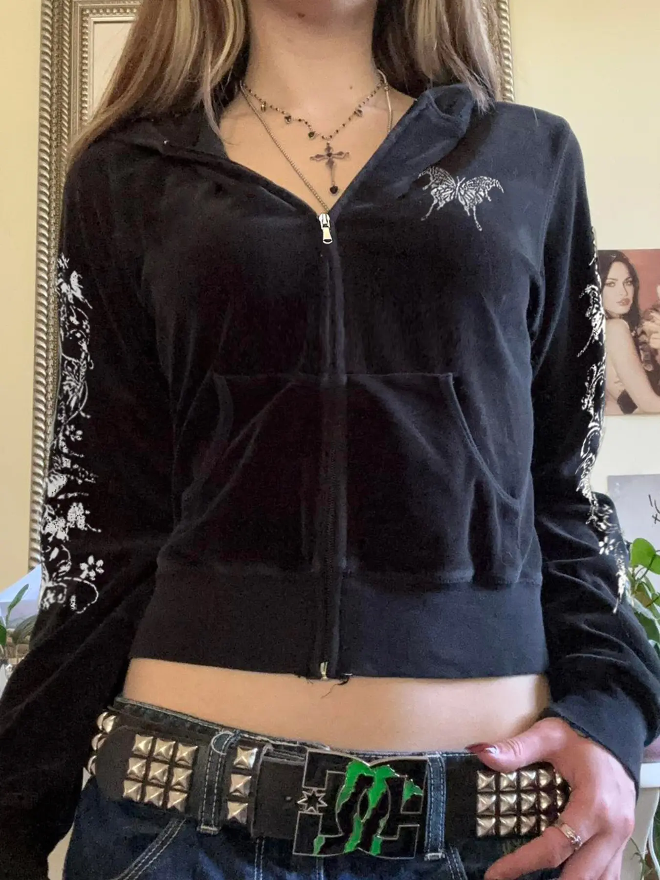 Rockmore Velvet Butterfly Print Hooded Jacket Women'S Sweatshirts Vintage Pockets Zip Up Hoodies Y2K Aesthetic Casual Slim Tops