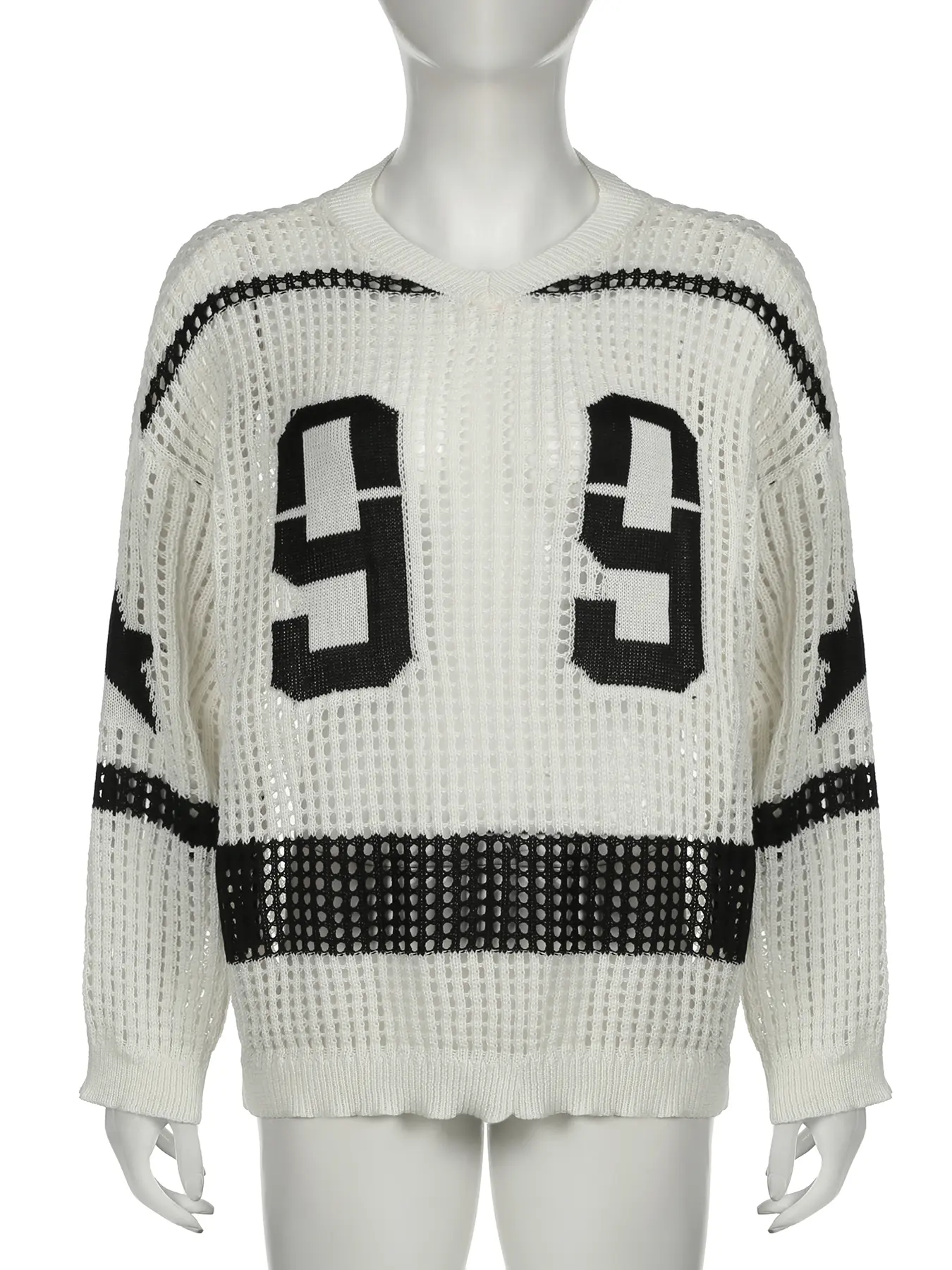 Rockmore Oversized Number Pattern Sweater for Women's O-neck See Through Tops Hollow Out Knitte Long Sleeve Loose Pullovers Y2K