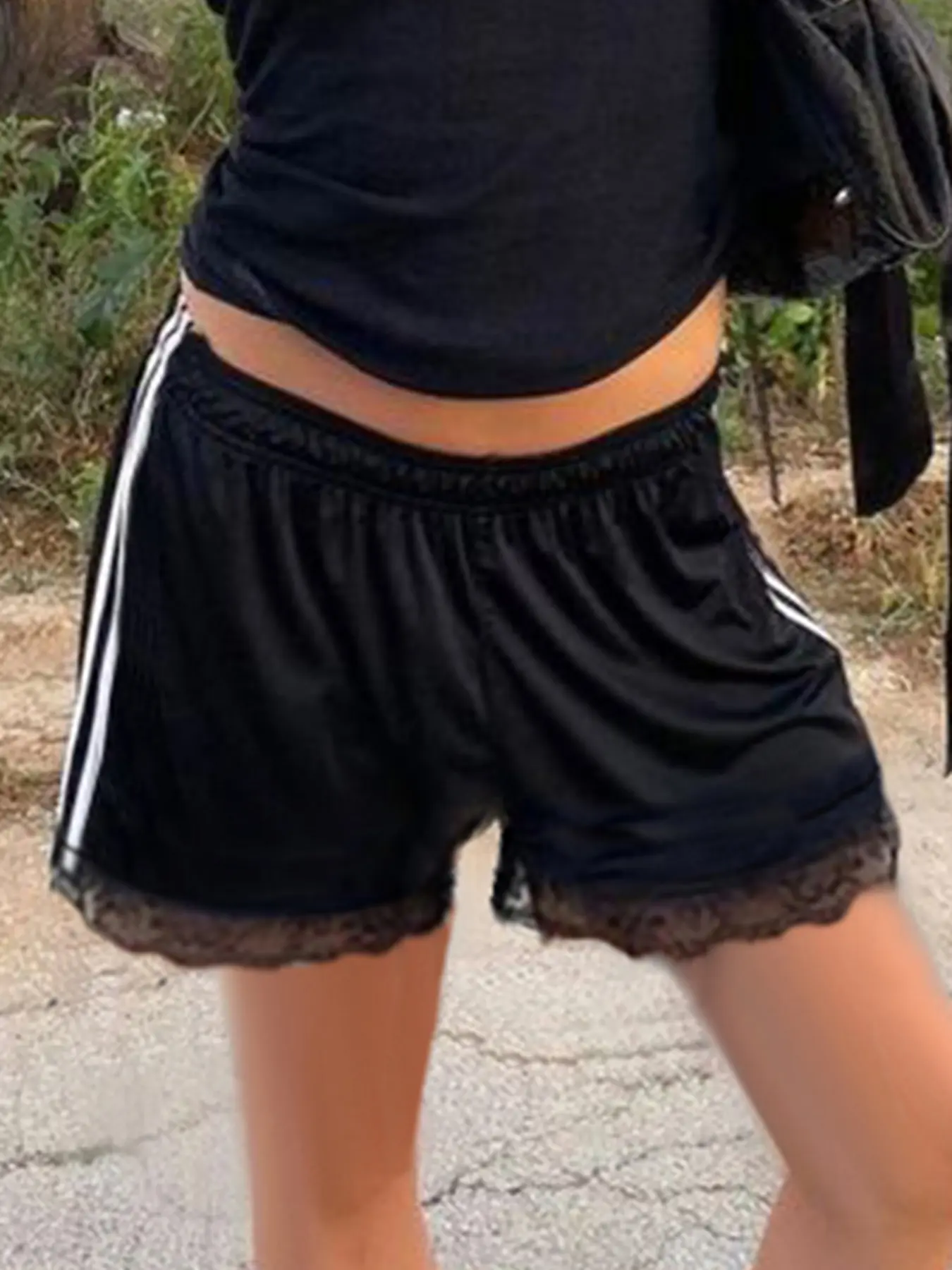 Rockmore Y2k Streetwear Drawstring Side Striped Lace Shorts Korean Patchwork Loose-fit Casual Shorts For Women All-match Bottoms