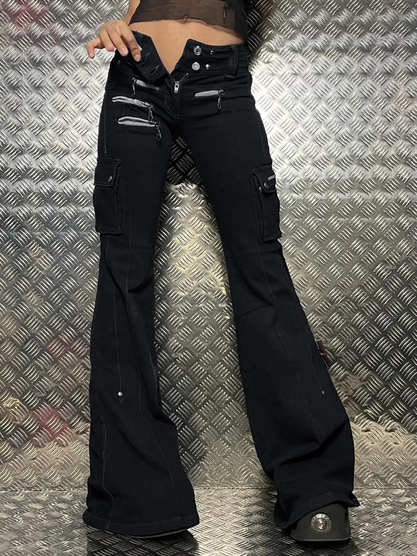 Rockmore Gothic Zipper Flare Jeans for Women Low Waist Cargo Pants Punk Hip Hop Jean Streetwear Denim Trousers Goth Mall Grunge