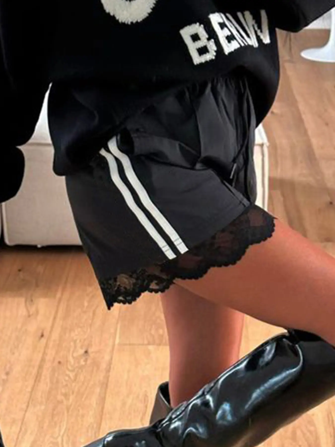 Rockmore Y2k Streetwear Drawstring Side Striped Lace Shorts Korean Patchwork Loose-fit Casual Shorts For Women All-match Bottoms