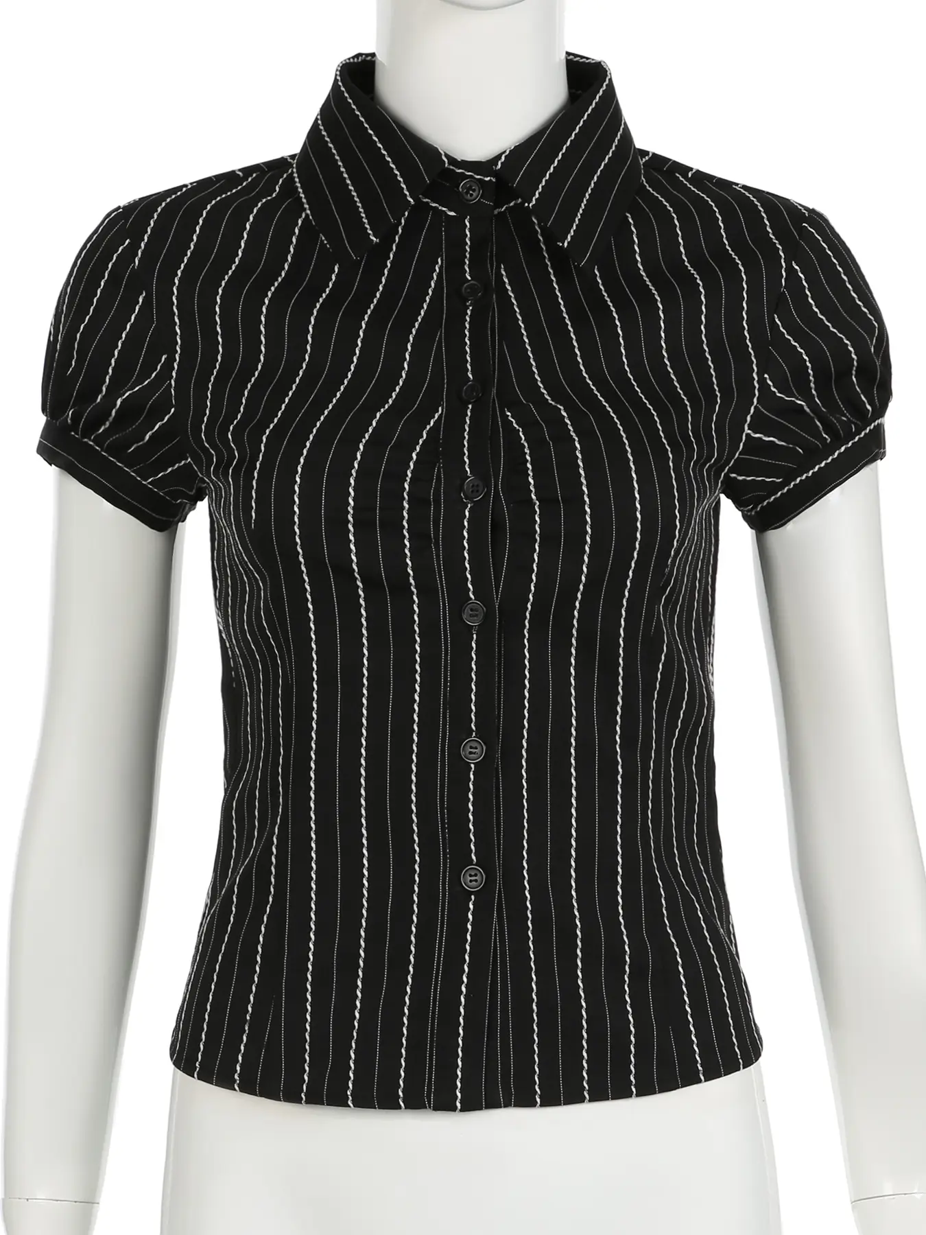 Rockmoer Casual Striped Bubble Sleeve Blouse Top Y2K Aesthetic Vintage Buttons Up Lapel Collar Shirts Women Korean Tops Summer