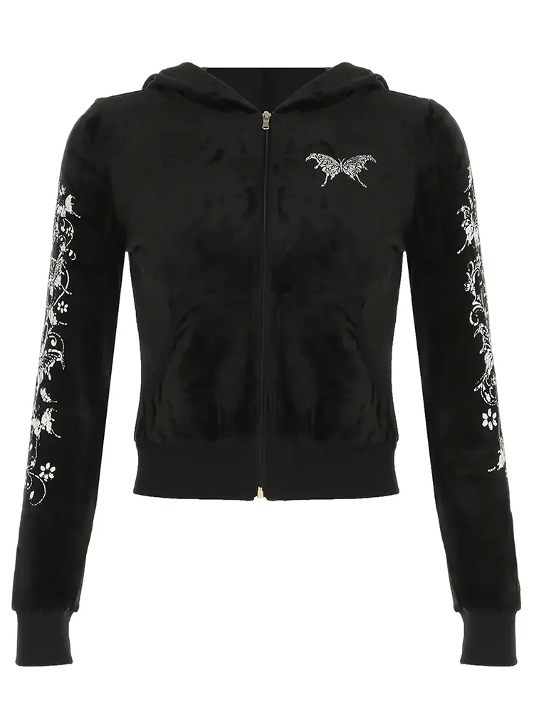 Rockmore Velvet Butterfly Print Hooded Jacket Women'S Sweatshirts Vintage Pockets Zip Up Hoodies Y2K Aesthetic Casual Slim Tops