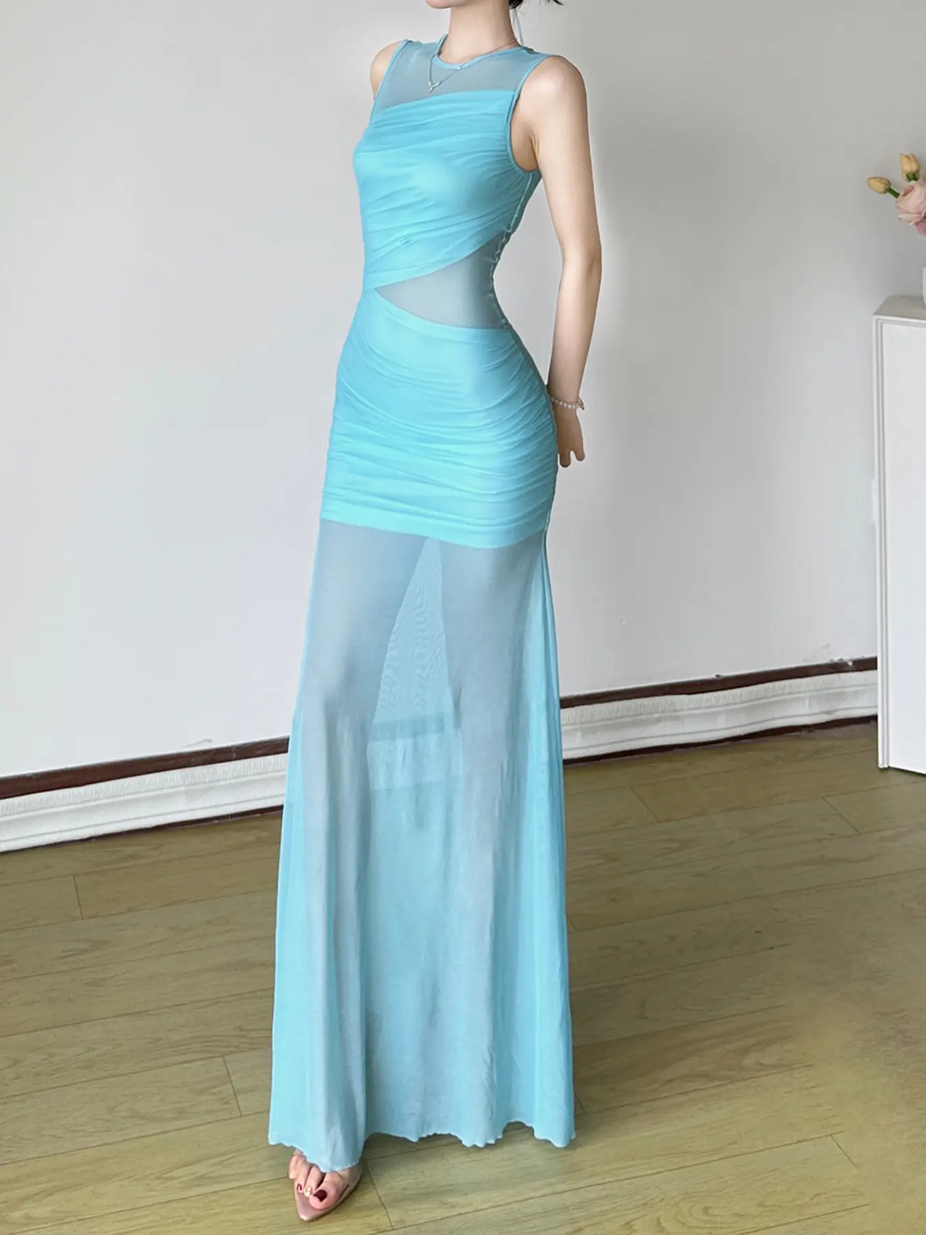 Rockmore Elegant Irregular Mesh Patchwork Skinny Dresses for Women Chic Sexy Vacation Clubwear Sleeveless Long Wrap Dress Y2k