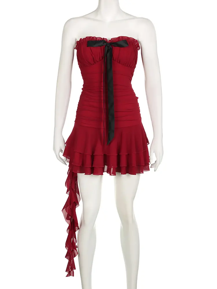 Rockmore Christmas Party Red Strapless Dresses y2k Aesthetic Holiday Sexy Bow Ruffle Trim Slim Mini Dress Vintage Women Outfits