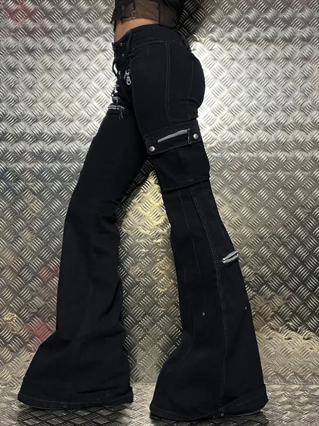 Rockmore Gothic Zipper Flare Jeans for Women Low Waist Cargo Pants Punk Hip Hop Jean Streetwear Denim Trousers Goth Mall Grunge