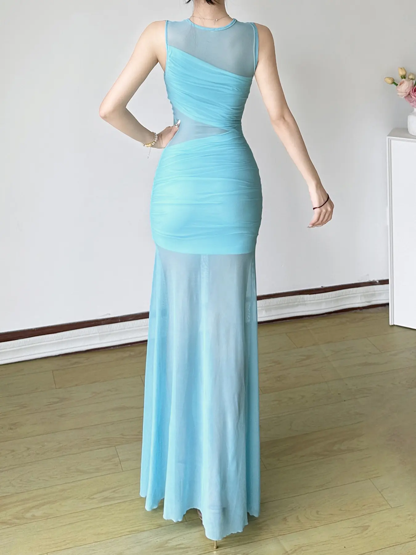 Rockmore Elegant Irregular Mesh Patchwork Skinny Dresses for Women Chic Sexy Vacation Clubwear Sleeveless Long Wrap Dress Y2k