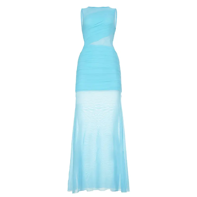 Rockmore Elegant Irregular Mesh Patchwork Skinny Dresses for Women Chic Sexy Vacation Clubwear Sleeveless Long Wrap Dress Y2k