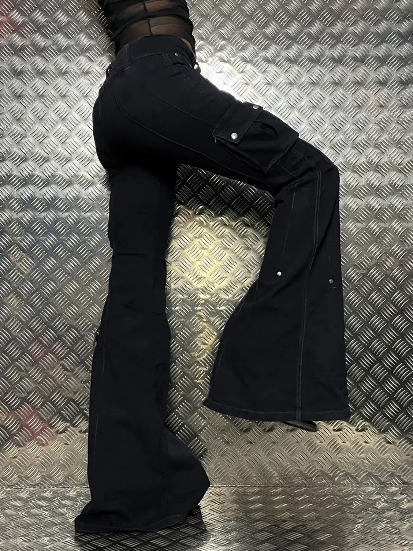 Rockmore Gothic Zipper Flare Jeans for Women Low Waist Cargo Pants Punk Hip Hop Jean Streetwear Denim Trousers Goth Mall Grunge
