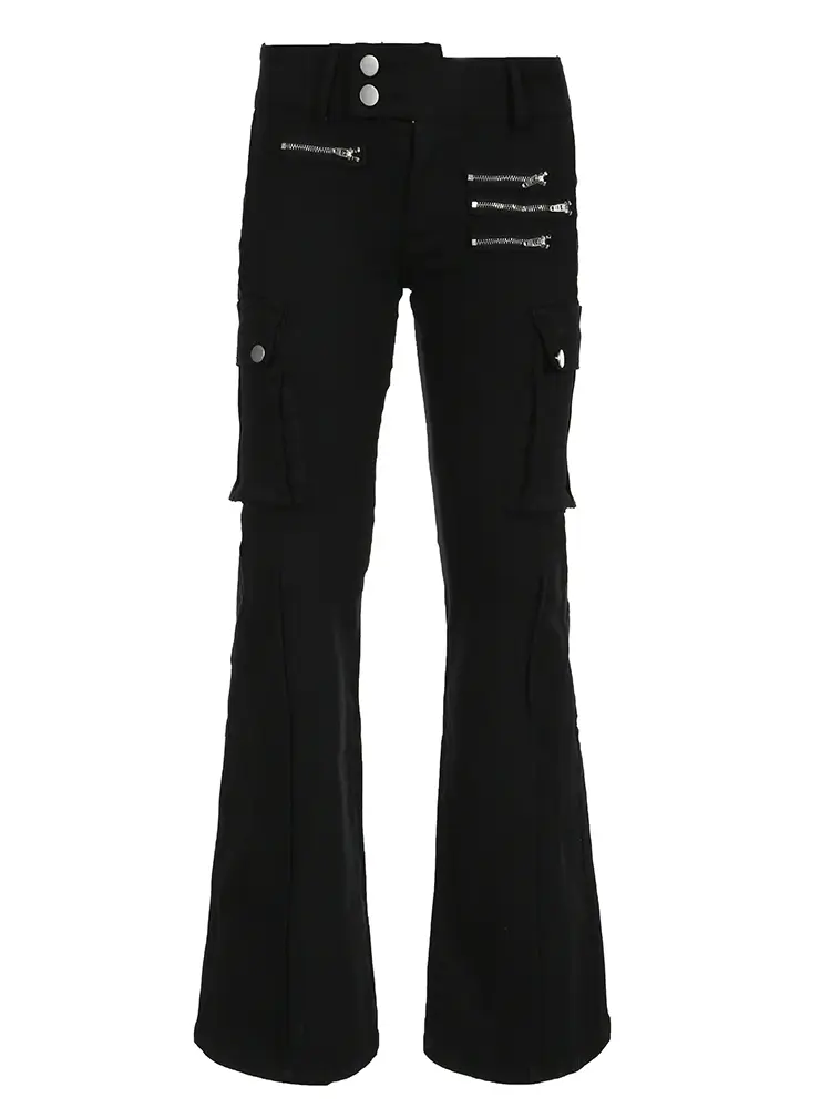 Rockmore Gothic Zipper Flare Jeans for Women Low Waist Cargo Pants Punk Hip Hop Jean Streetwear Denim Trousers Goth Mall Grunge