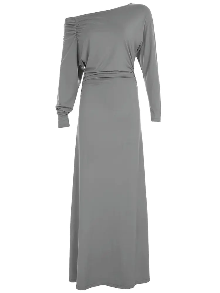 Rockmore Long Sleeve Ruched Sexy Maxi Dress for Women Elegant Solid Slash Neck High Waist Bodycon Sexy Long Dresses Streetwear