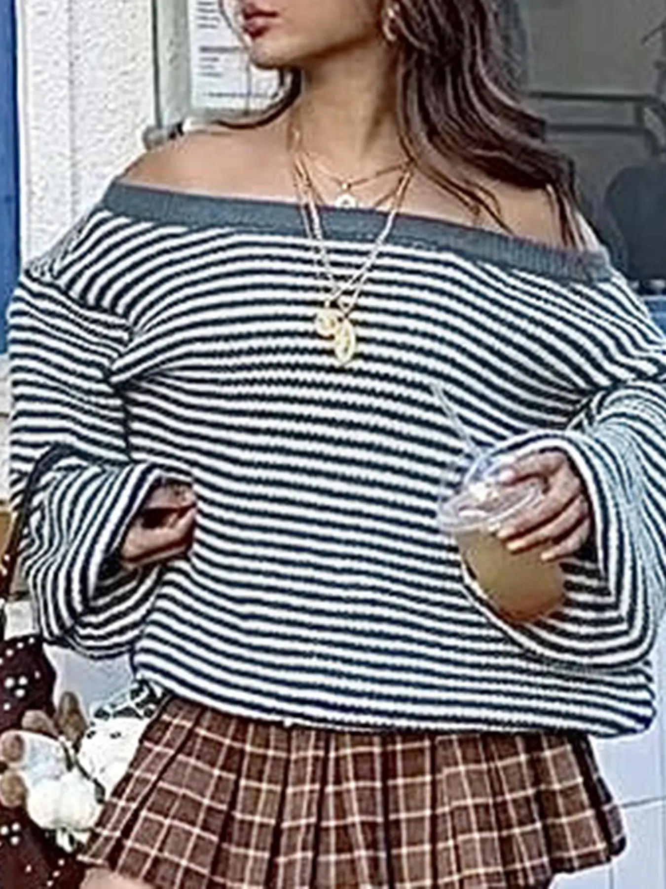 Rockmore Blue Striped One-Shoulder Loose Sexy Knitted Sweater Chic All Match Streetwear Long-Sleeve Women's Pullovers Harajuku