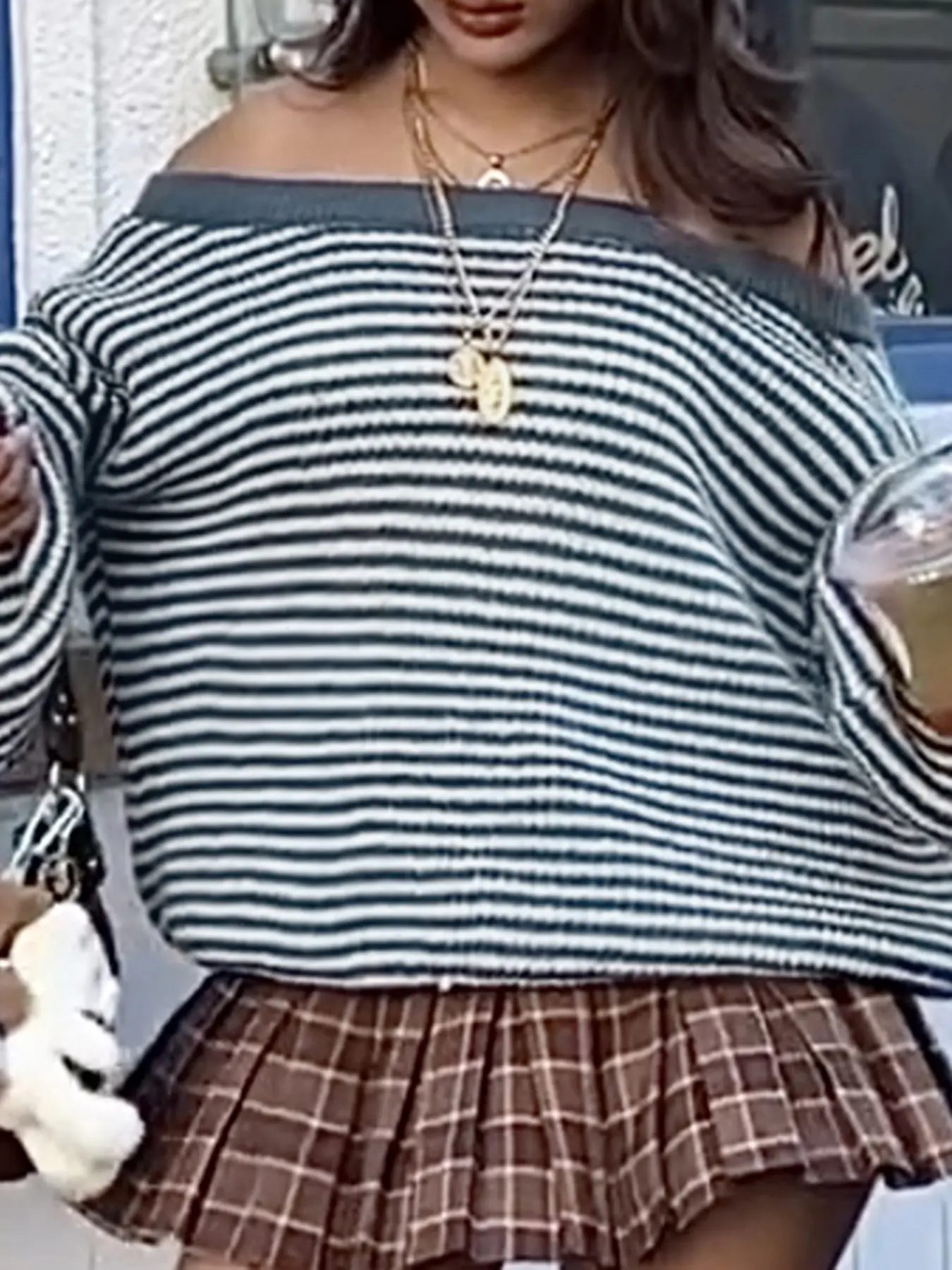 Rockmore Blue Striped One-Shoulder Loose Sexy Knitted Sweater Chic All Match Streetwear Long-Sleeve Women's Pullovers Harajuku