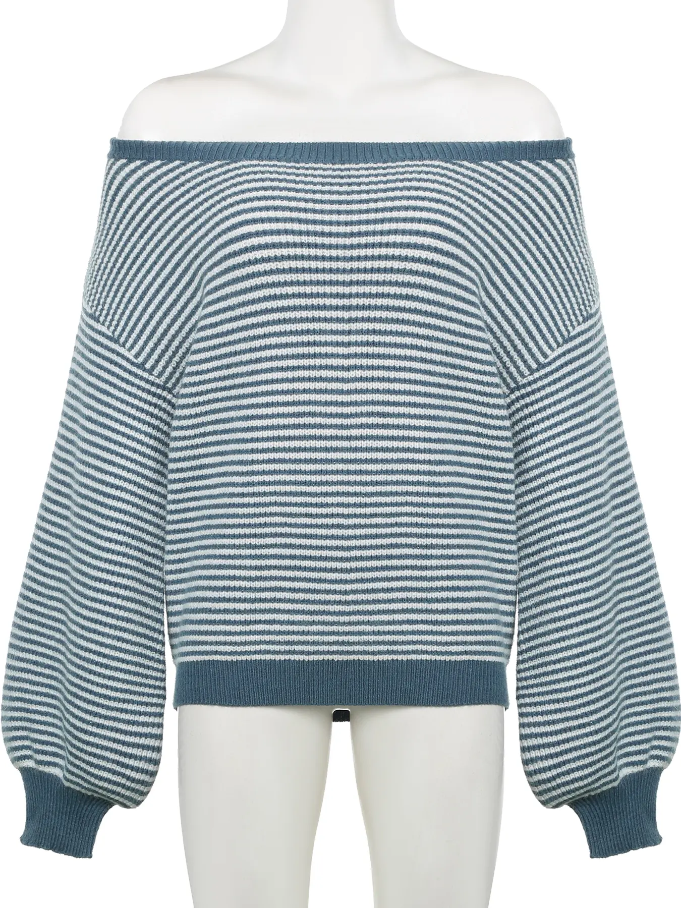 Rockmore Blue Striped One-Shoulder Loose Sexy Knitted Sweater Chic All Match Streetwear Long-Sleeve Women's Pullovers Harajuku