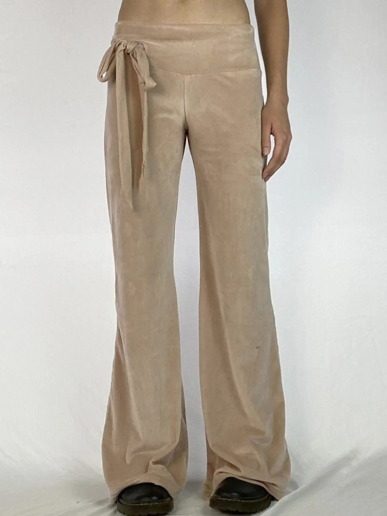 Rockmore Autumn Winter Silver Fox Velvet Pants Women Casual Solid Straight All-match Elegant Lace-up Waist Trousers Y2k Clothing