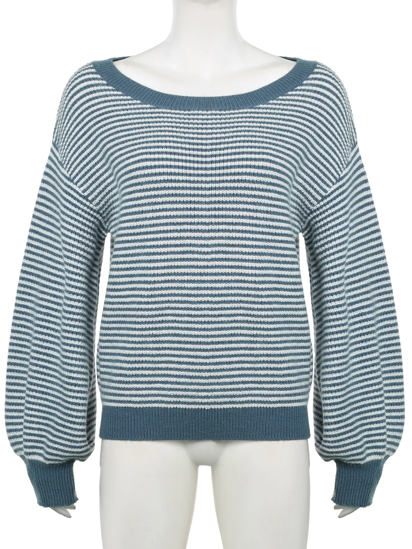 Rockmore Blue Striped One-Shoulder Loose Sexy Knitted Sweater Chic All Match Streetwear Long-Sleeve Women's Pullovers Harajuku