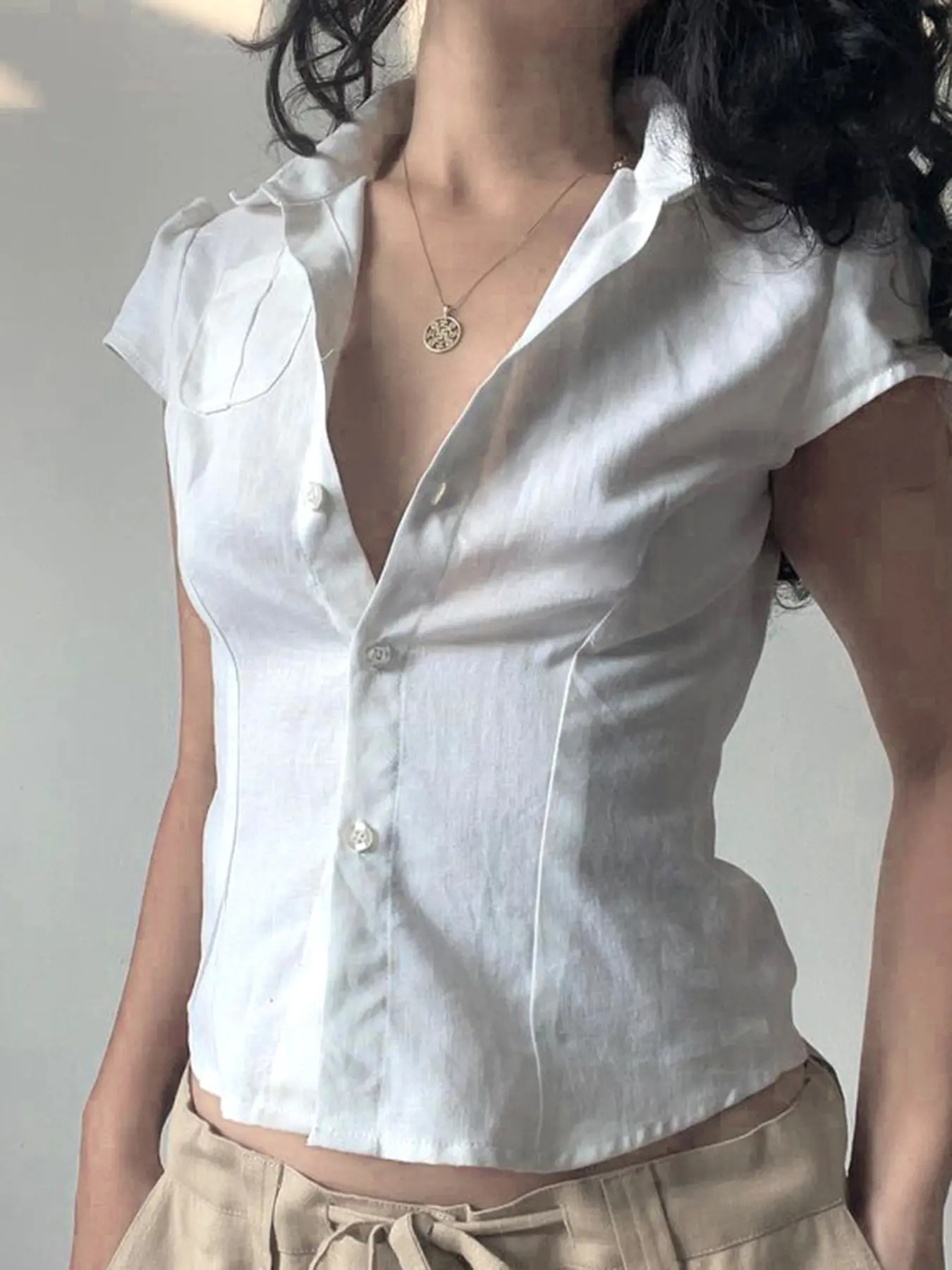 Rockmoer Pocket Button Front White Shirt Summer Women Casual Short Sleeve Turn-down Collar Button Blouse Top Y2K Preppy Style