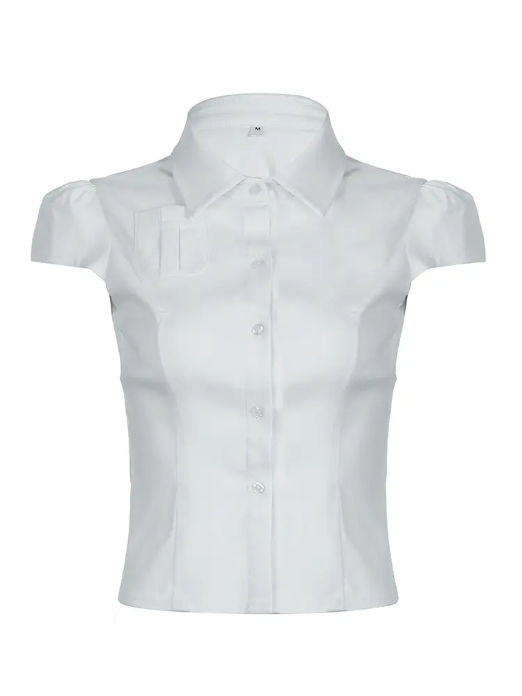 Rockmoer Pocket Button Front White Shirt Summer Women Casual Short Sleeve Turn-down Collar Button Blouse Top Y2K Preppy Style