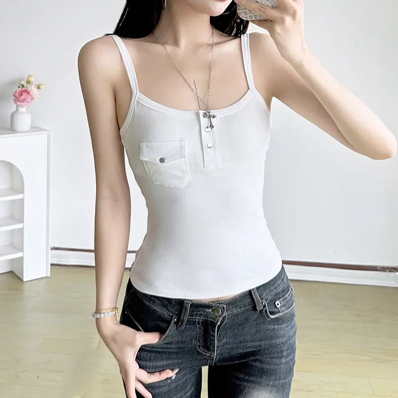 Rockmore Women's Sleeveless Camis Top Slim Fit Slash Neck Casual Solid White Pockets 2025 Summer Fashion Streetwear Tank Top