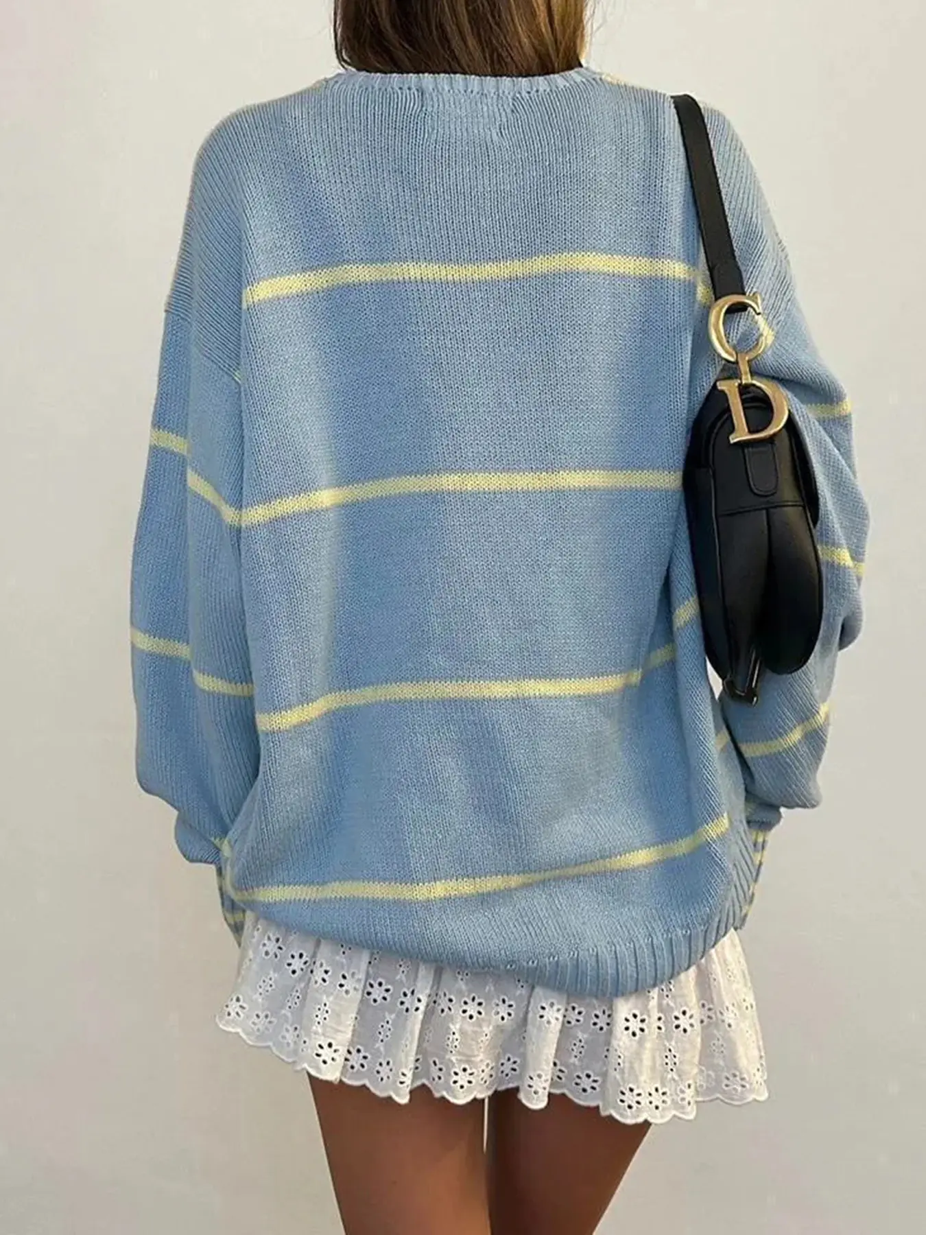 Rockmore Blue O-neck Striped Patchwork Sweater Chic Streetwear Autumn Winter Long Sleeve Pullover Women Elegant Casual Loose Top